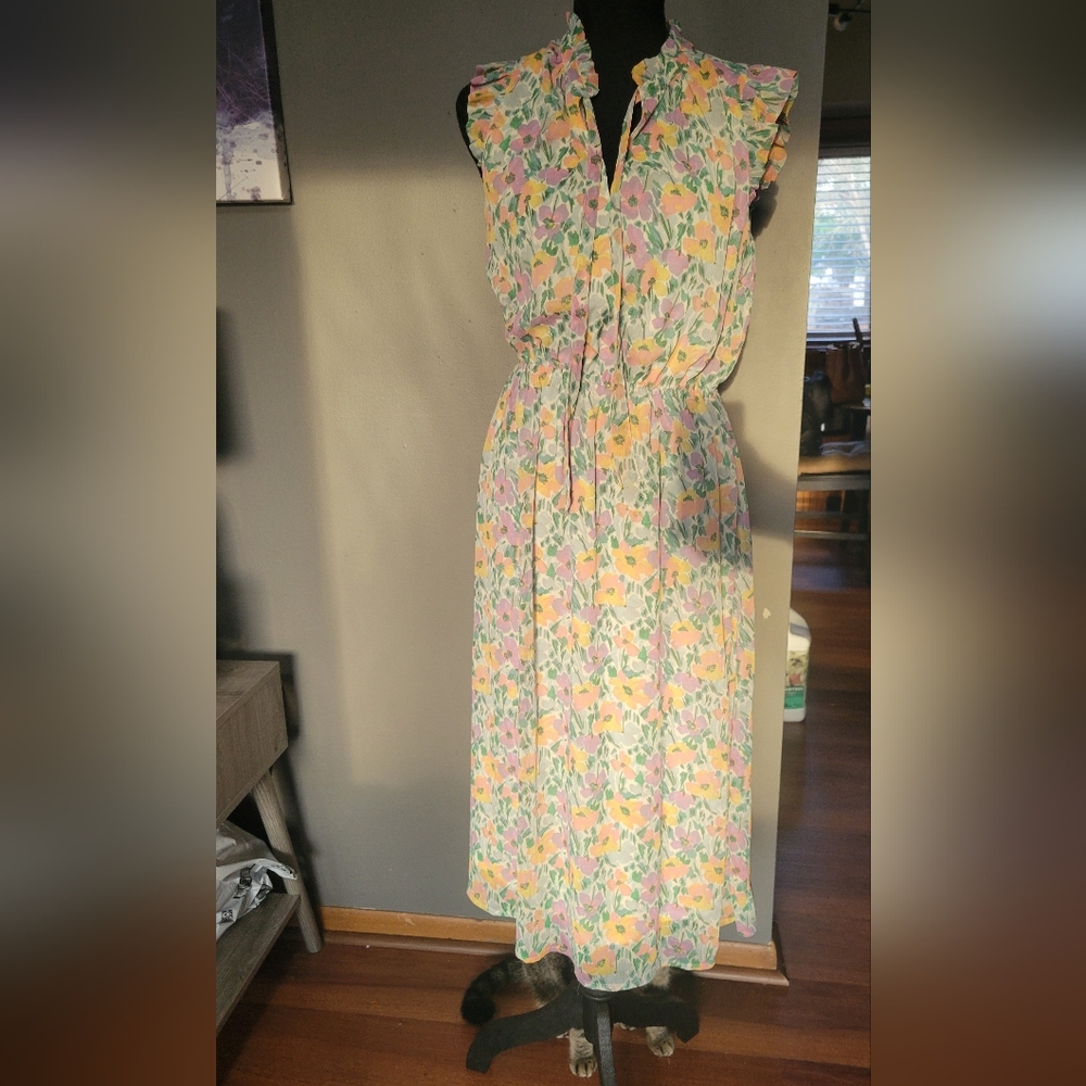 Banana Republic Pastel Floral Midi Dress - Pink, Yellow, Green